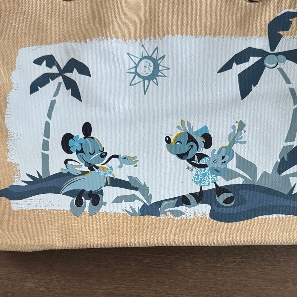 Disney Mickey Minnie Tropical Canvas Tote Bag Tan Blue Beach Shopper - Picture 2 of 8